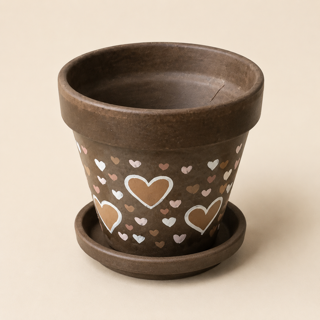 Handbemalter brauner Blumentopf Herzenswärme mit Herzmotiven und Untersetzer
