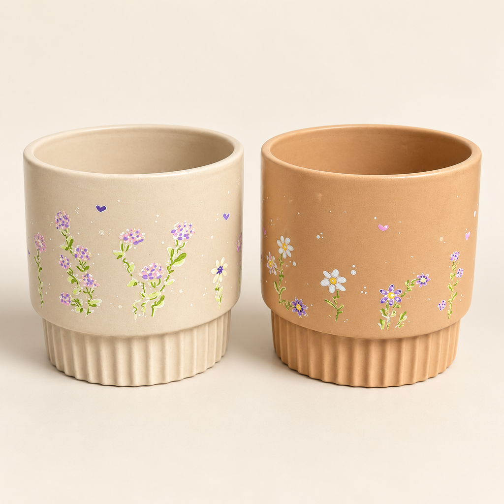 Handbemaltes Blumentopf-Set Wiesenzauber in Creme und Terrakotta mit floralen Motiven