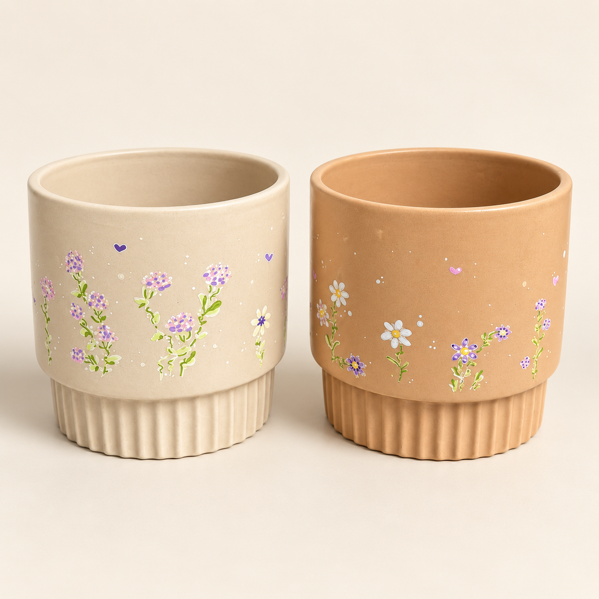 Handbemaltes Blumentopf-Set Wiesenzauber in Creme und Terrakotta mit floralen Motiven
