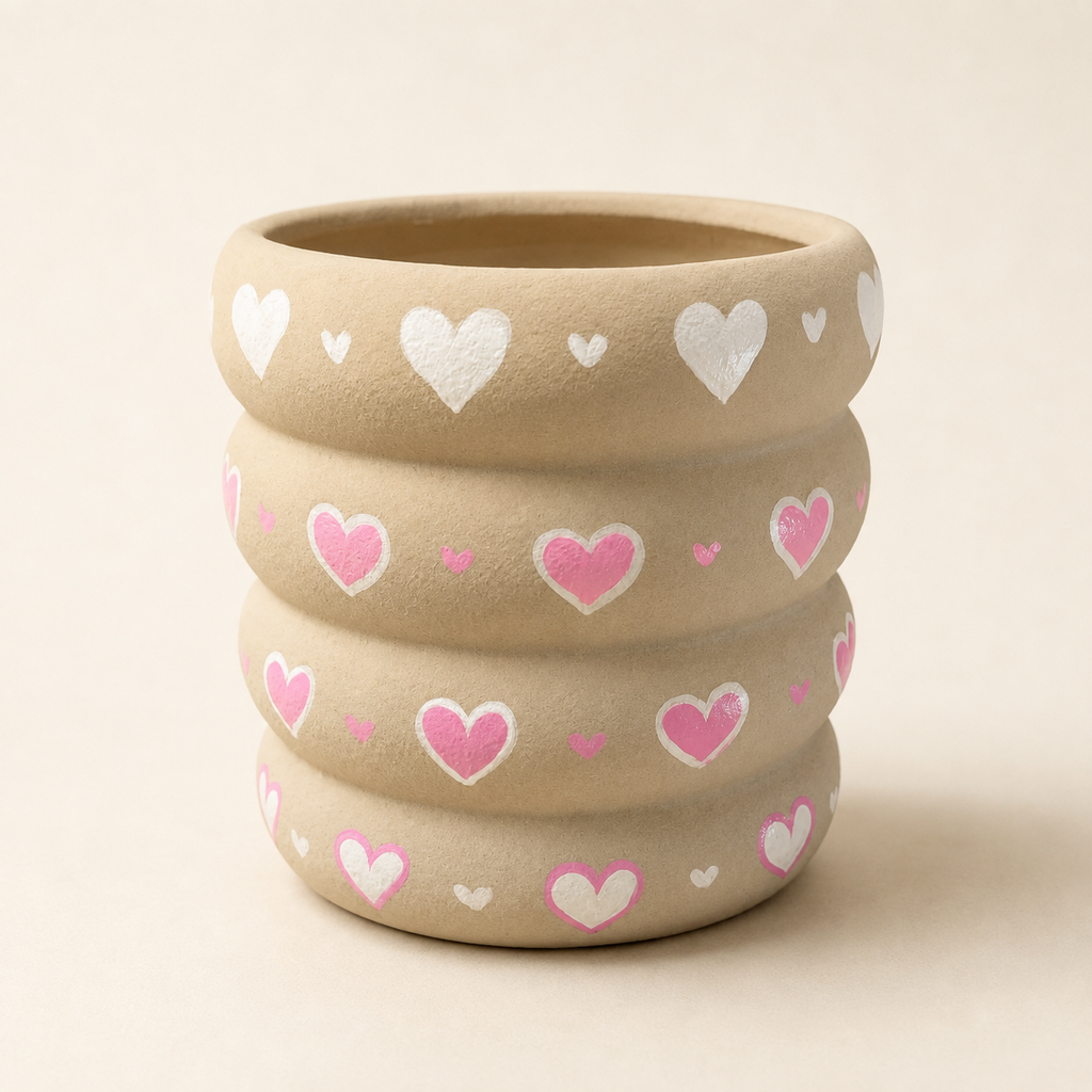 Handbemalter geriffelter Blumentopf Herzensstück in Beige mit rosa und weißen Herzen